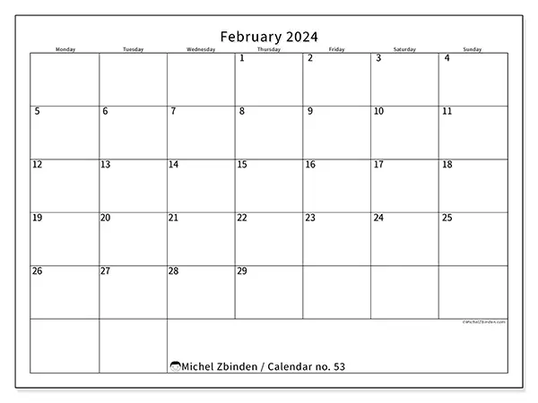 Free printable calendar no. 53, February 2025. Week:  Monday to Sunday
