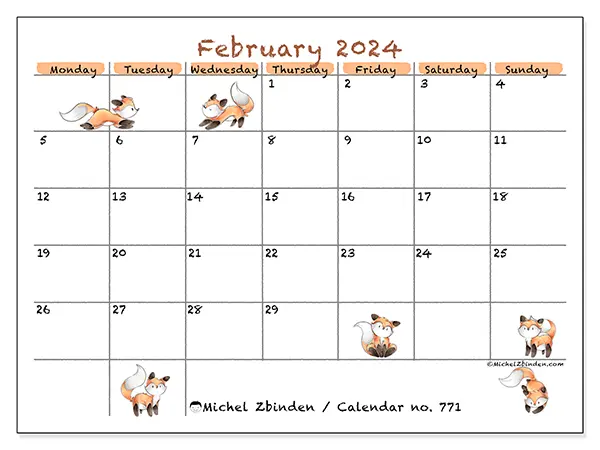 Free printable calendar no. 771, February 2025. Week:  Monday to Sunday