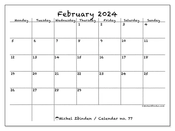 Free printable calendar no. 77, February 2025. Week:  Monday to Sunday