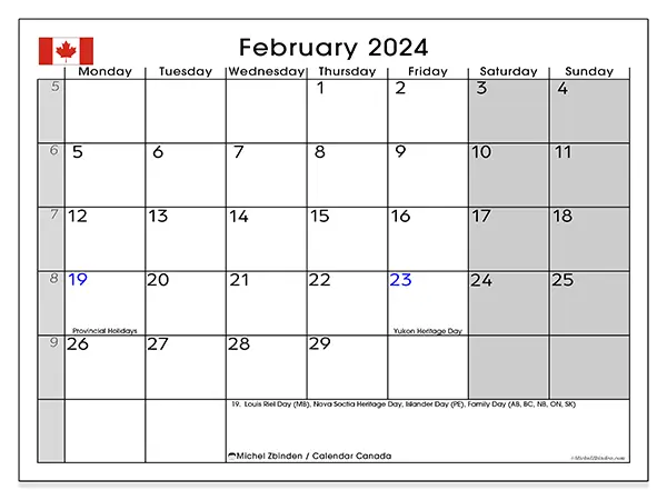 Free printable calendar Canada, February 2025. Week:  Monday to Sunday