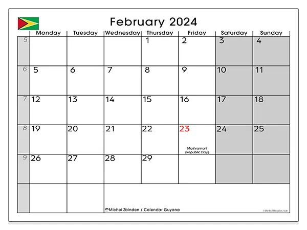 Free printable calendar Guyana, February 2025. Week:  Monday to Sunday