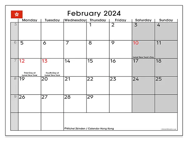 Free printable calendar Hong Kong, February 2025. Week:  Monday to Sunday