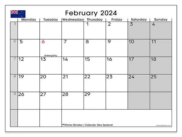 Free printable calendar New Zealand, February 2025. Week:  Monday to Sunday