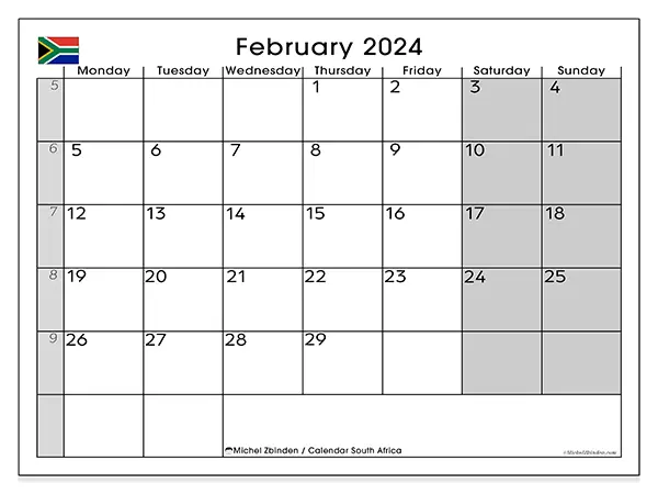 Free printable calendar South Africa, February 2025. Week:  Monday to Sunday