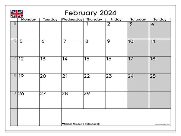 Free printable calendar UK, February 2025. Week:  Monday to Sunday