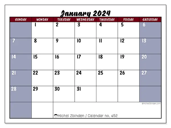 Free printable calendar n° 452, January 2025. Week:  Sunday to Saturday