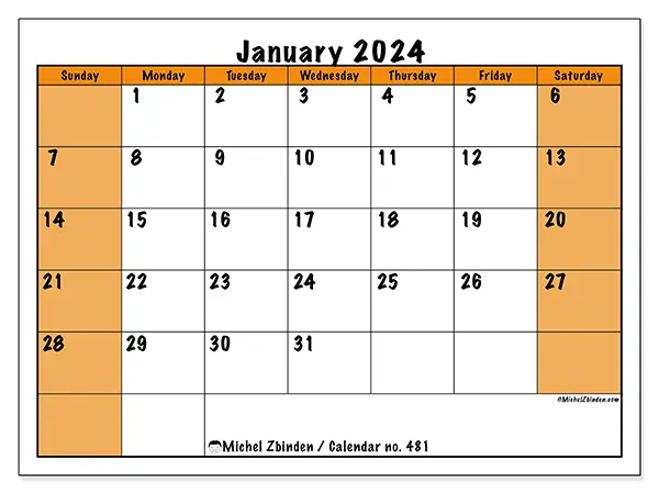 Free printable calendar no. 481, January 2025. Week:  Sunday to Saturday
