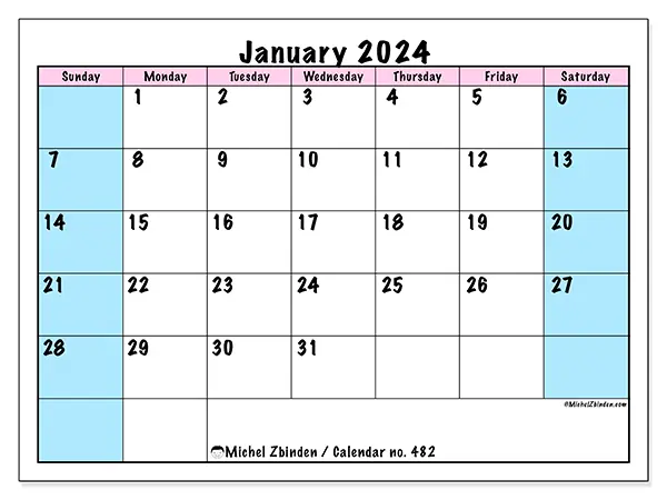 Free printable calendar no. 482, January 2025. Week:  Sunday to Saturday