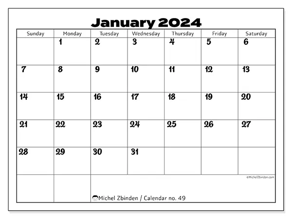 Free printable calendar no. 49, January 2025. Week:  Sunday to Saturday