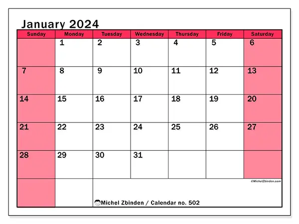 Free printable calendar no. 502, January 2025. Week:  Sunday to Saturday