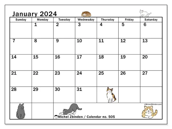 Free printable calendar no. 505, January 2025. Week:  Sunday to Saturday