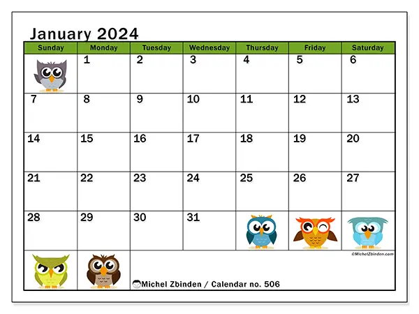 Free printable calendar no. 506, January 2025. Week:  Sunday to Saturday