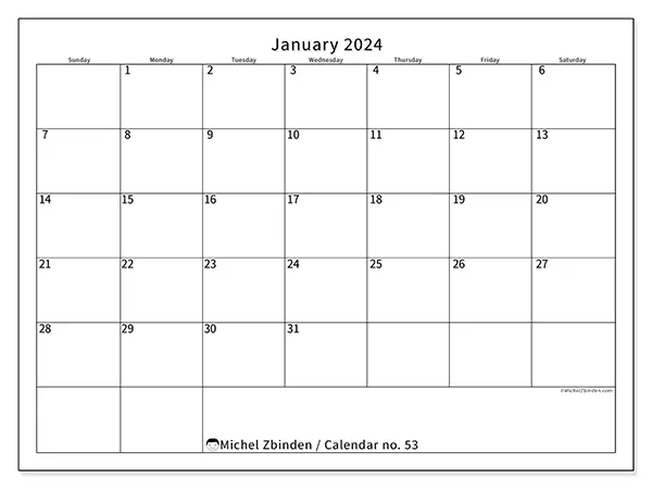 Free printable calendar no. 53, January 2025. Week:  Sunday to Saturday