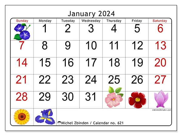 Free printable calendar no. 621, January 2025. Week:  Sunday to Saturday