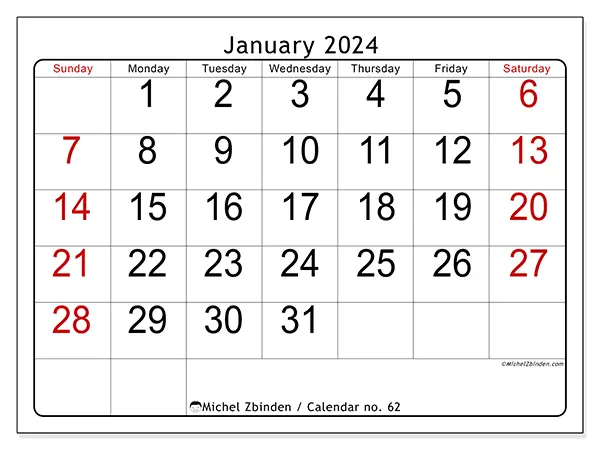 Free printable calendar no. 62, January 2025. Week:  Sunday to Saturday