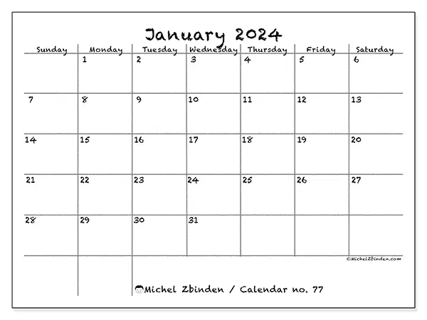 Free printable calendar no. 77, January 2025. Week:  Sunday to Saturday