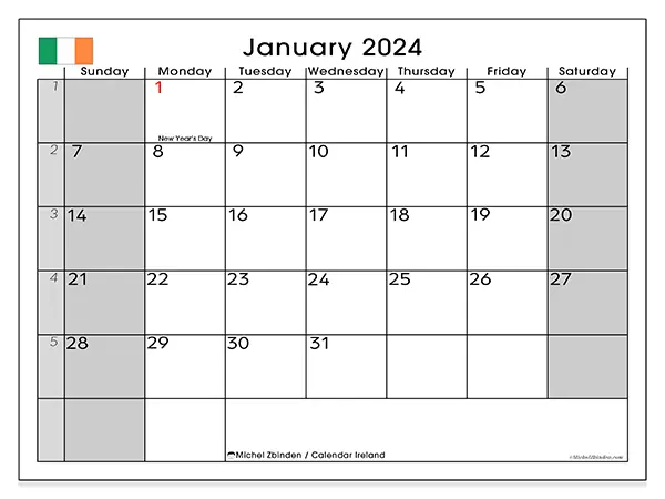 Free printable calendar Ireland, January 2025. Week:  Sunday to Saturday