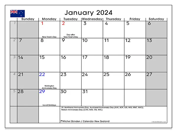 Free printable calendar New Zealand, January 2025. Week:  Sunday to Saturday