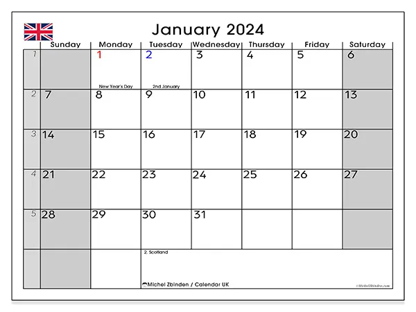 Free printable calendar UK, January 2025. Week:  Sunday to Saturday