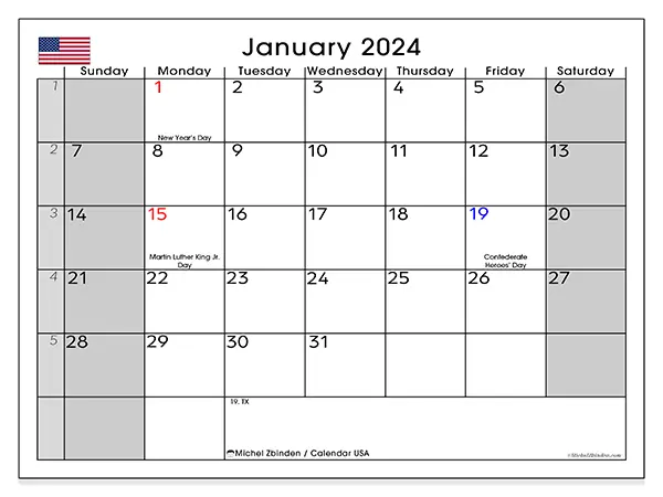Free printable calendar USA, January 2025. Week:  Sunday to Saturday