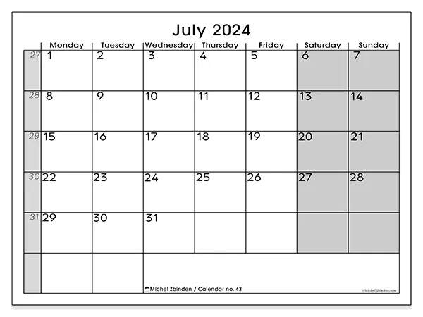 Free printable calendar n° 43 for July 2024. Week: Monday to Sunday.