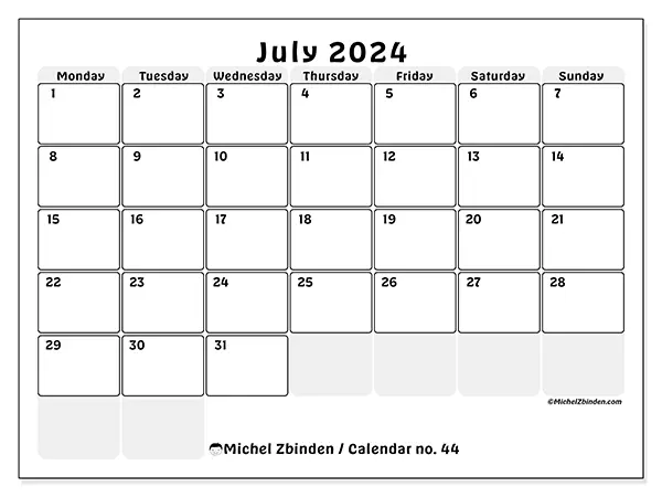 Free printable calendar n° 44 for July 2024. Week: Monday to Sunday.