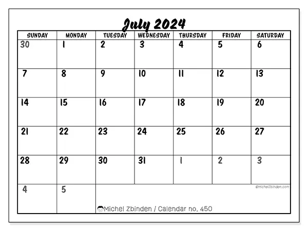 Free printable calendar n° 450 for July 2024. Week: Sunday to Saturday.