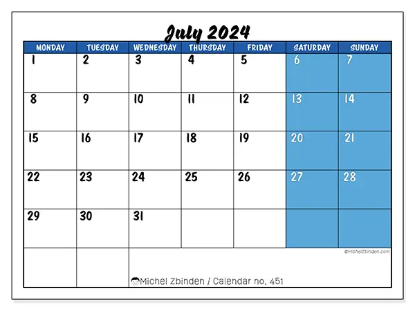 Free printable calendar n° 451 for July 2024. Week: Monday to Sunday.