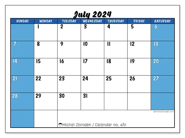 Free printable calendar n° 451 for July 2024. Week: Sunday to Saturday.