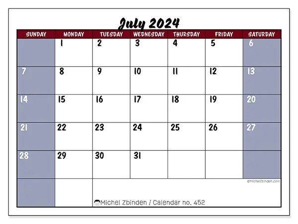 Free printable calendar n° 452 for July 2024. Week: Sunday to Saturday.