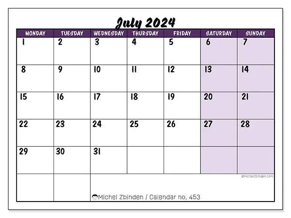 Free printable calendar n° 453 for July 2024. Week: Monday to Sunday.