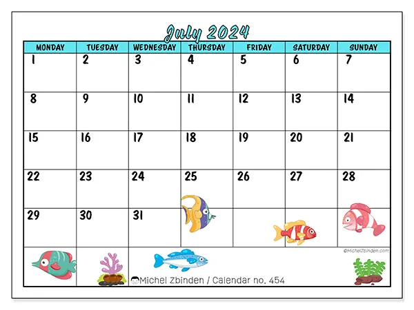 Free printable calendar n° 454 for July 2024. Week: Monday to Sunday.