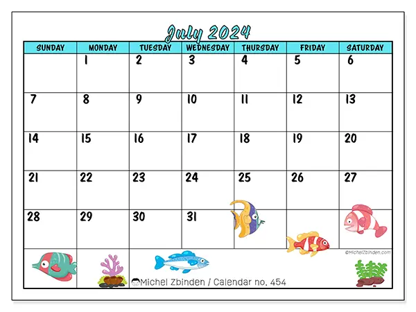 Free printable calendar n° 454 for July 2024. Week: Sunday to Saturday.