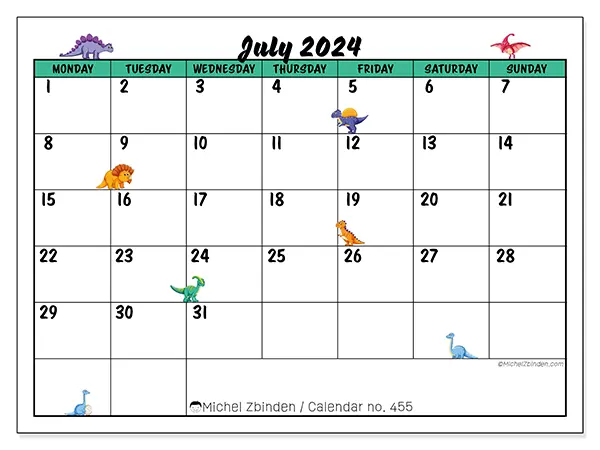 Free printable calendar n° 455 for July 2024. Week: Monday to Sunday.