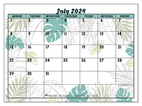 Free printable calendar n° 456 for July 2024. Week: Monday to Sunday.