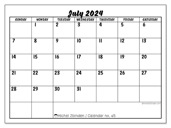 Free printable calendar n° 45 for July 2024. Week: Sunday to Saturday.
