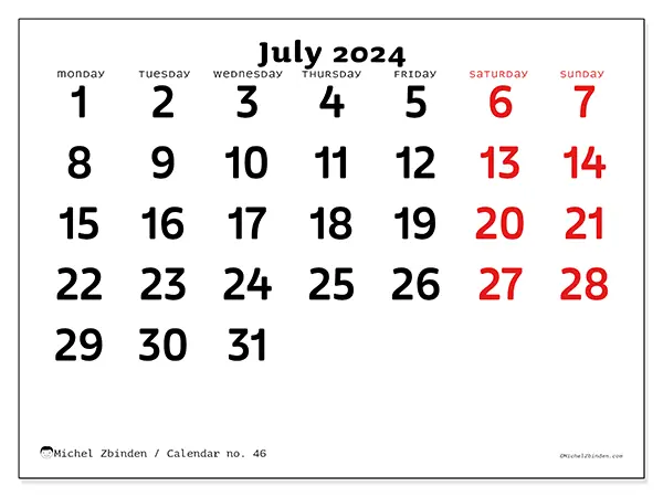 Free printable calendar no. 46 for July 2024. Week: Monday to Sunday.