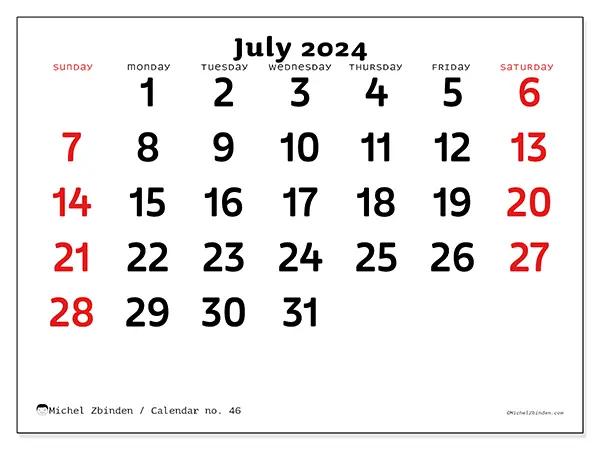 Free printable calendar no. 46 for July 2024. Week: Sunday to Saturday.