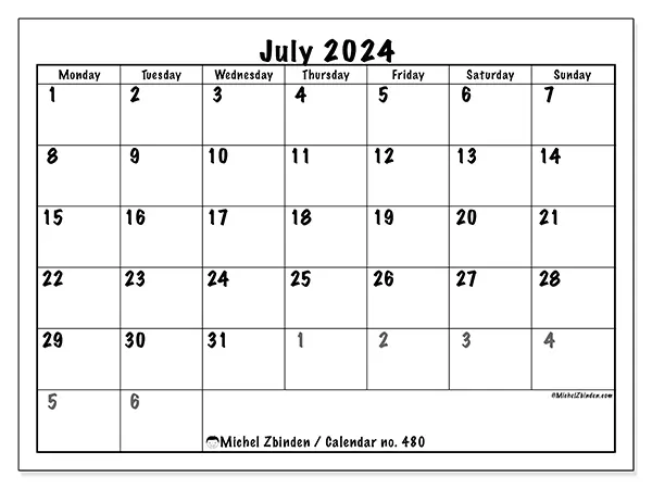 Free printable calendar no. 480 for July 2024. Week: Monday to Sunday.