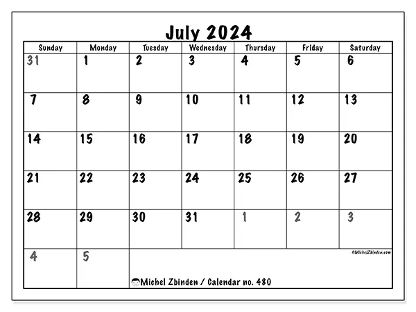 Free printable calendar no. 480 for July 2024. Week: Sunday to Saturday.