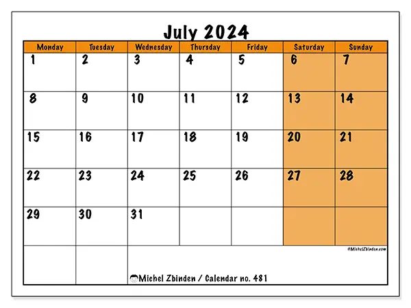 Free printable calendar no. 481 for July 2024. Week: Monday to Sunday.