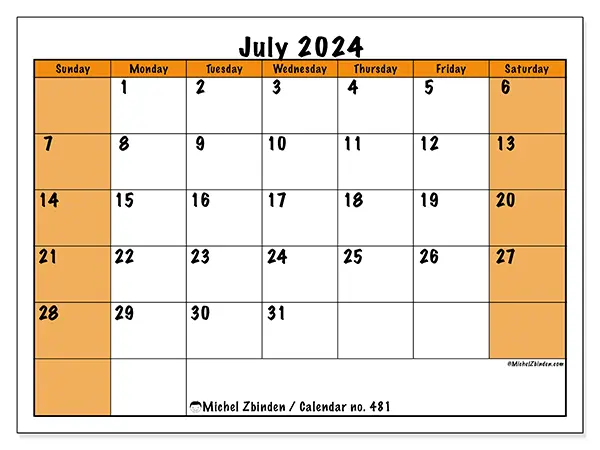Free printable calendar no. 481 for July 2024. Week: Sunday to Saturday.