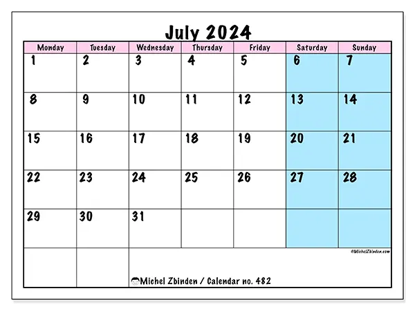 Free printable calendar no. 482 for July 2024. Week: Monday to Sunday.