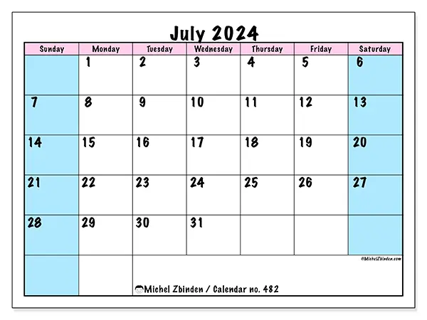 Free printable calendar no. 482 for July 2024. Week: Sunday to Saturday.