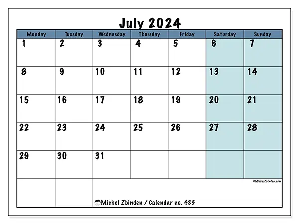 Free printable calendar no. 483 for July 2024. Week: Monday to Sunday.