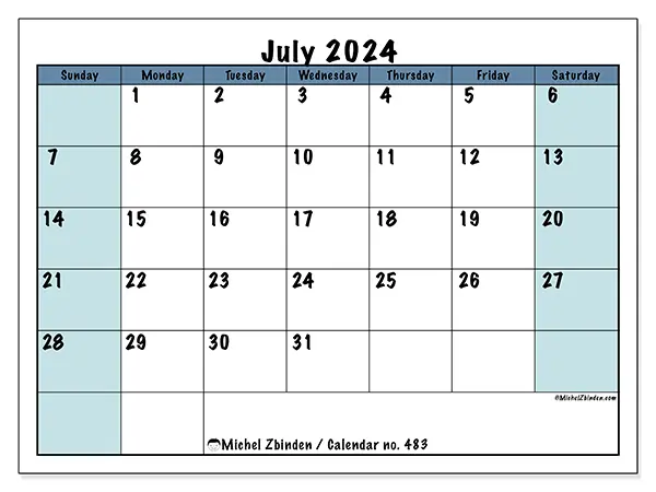 Free printable calendar no. 483 for July 2024. Week: Sunday to Saturday.