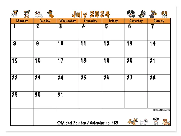 Free printable calendar no. 485 for July 2024. Week: Monday to Sunday.