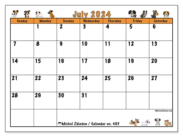 Free printable calendar no. 485 for July 2024. Week: Sunday to Saturday.