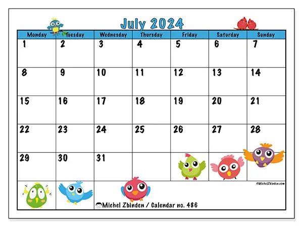 Free printable calendar no. 486 for July 2024. Week: Monday to Sunday.