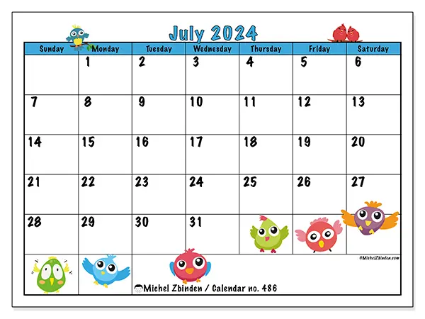 Free printable calendar no. 486 for July 2024. Week: Sunday to Saturday.